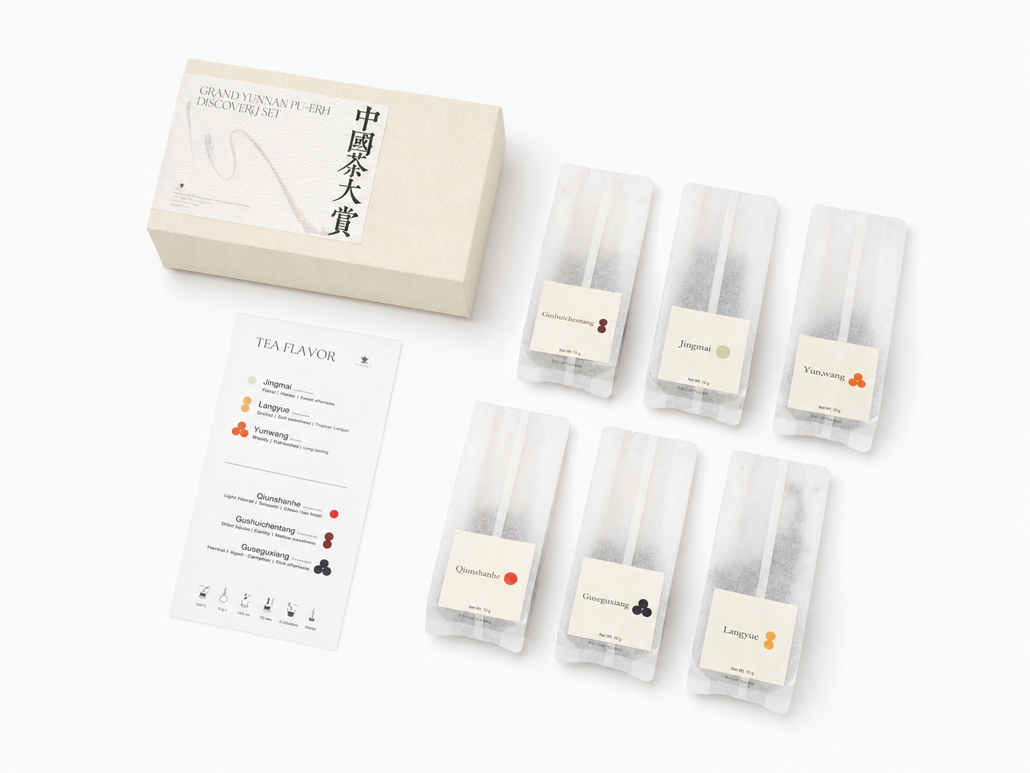 Grand Yunnan Pu-erh Discovery Set with six labelled 10 g tea samples