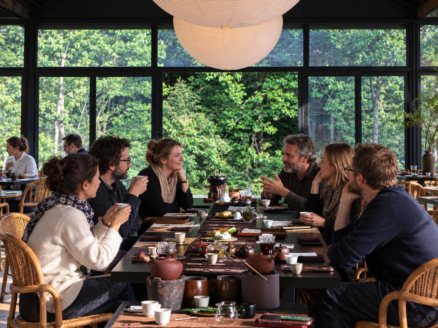 Friends sharing Chinese tea around a table